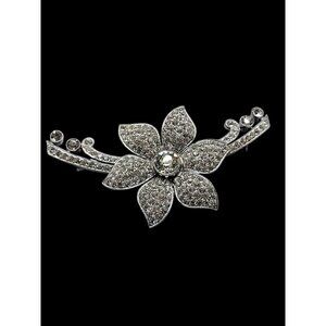 Czechoslovakia Flower Brooch Diamante Double Vine Orchid Signed w/Double Hearts